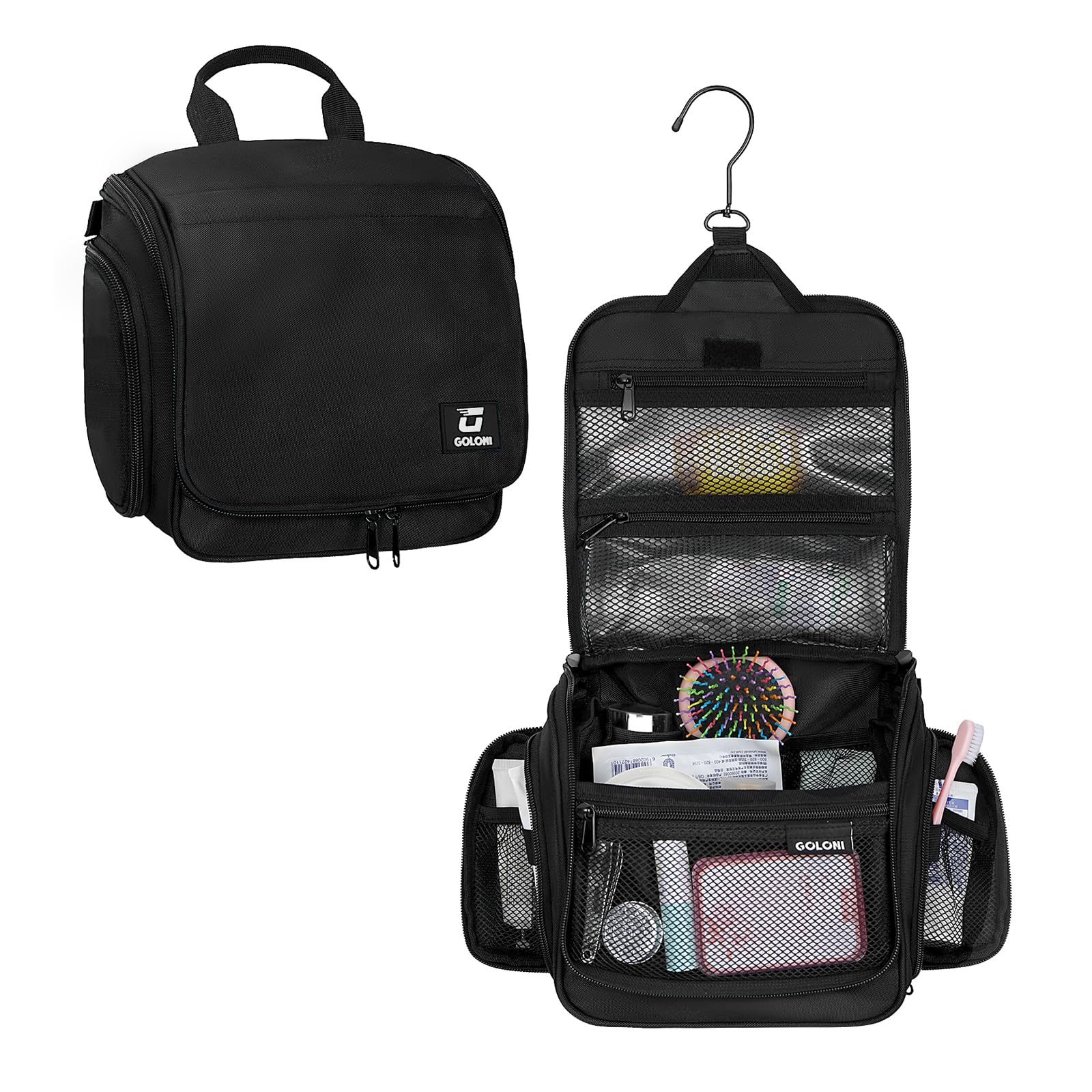 Goloni hanging toiletry bag closed, showcasing compact travel organization.