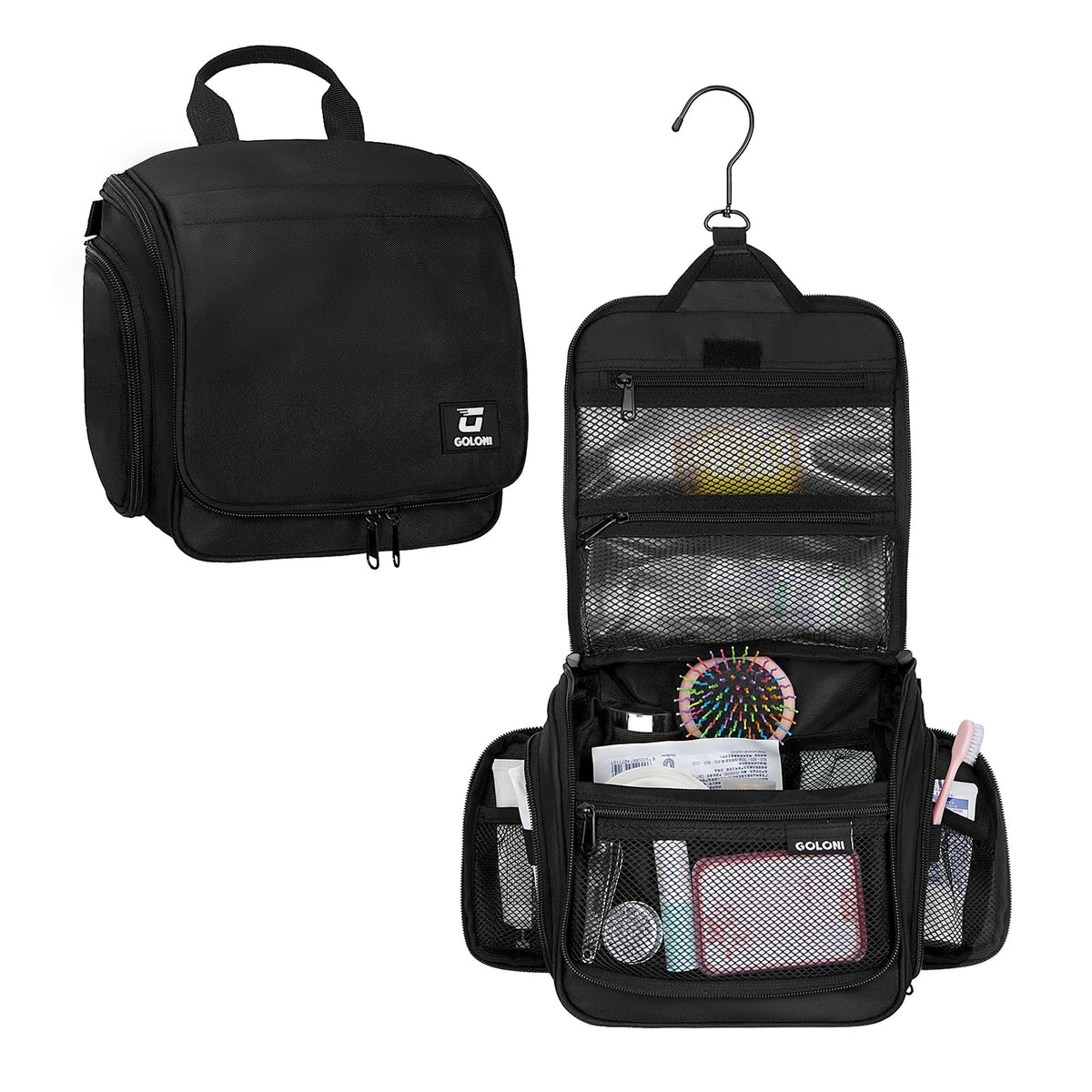 Goloni hanging toiletry bag closed, showcasing compact travel organization.