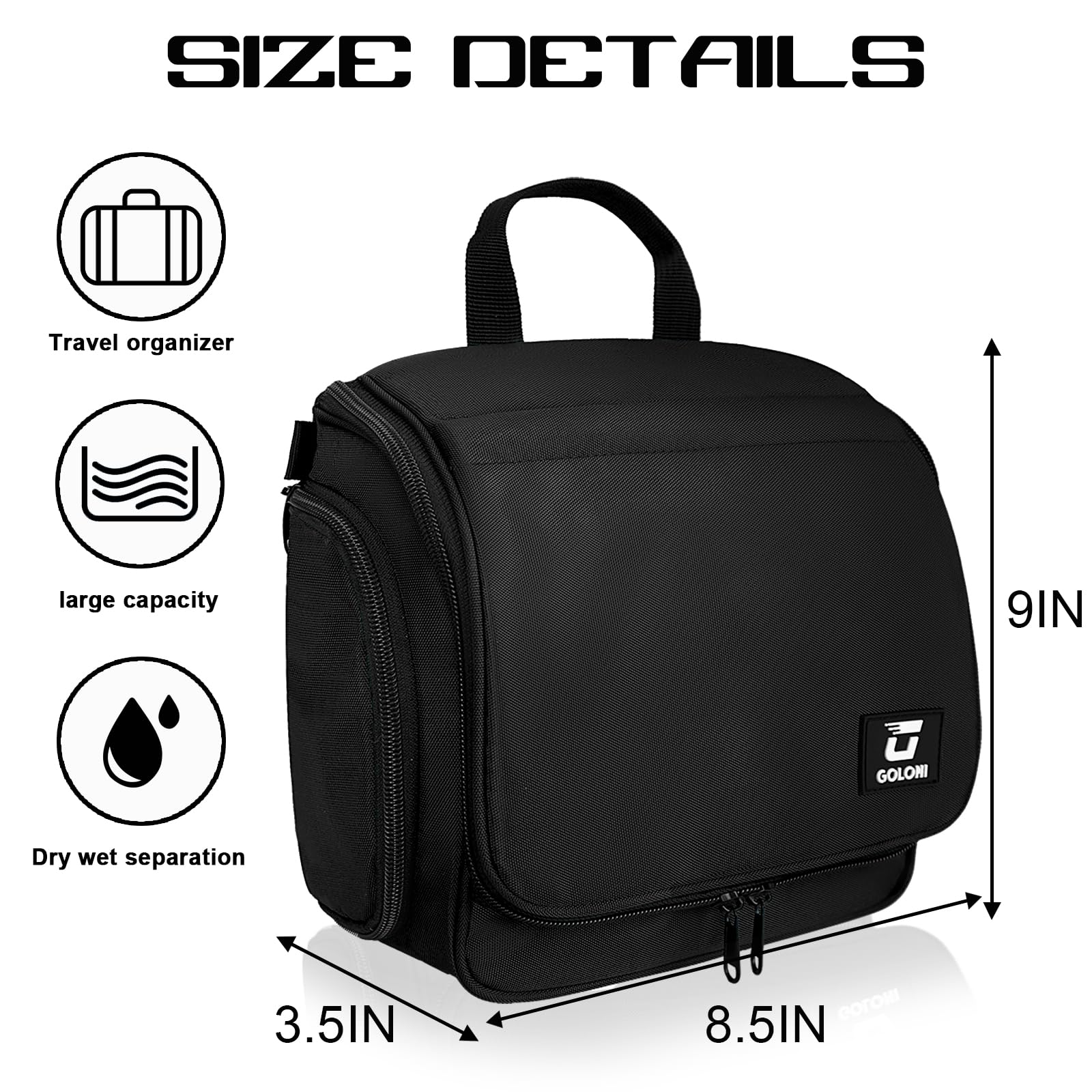 Goloni hanging toiletry bag open with 10 compartments for easy access.