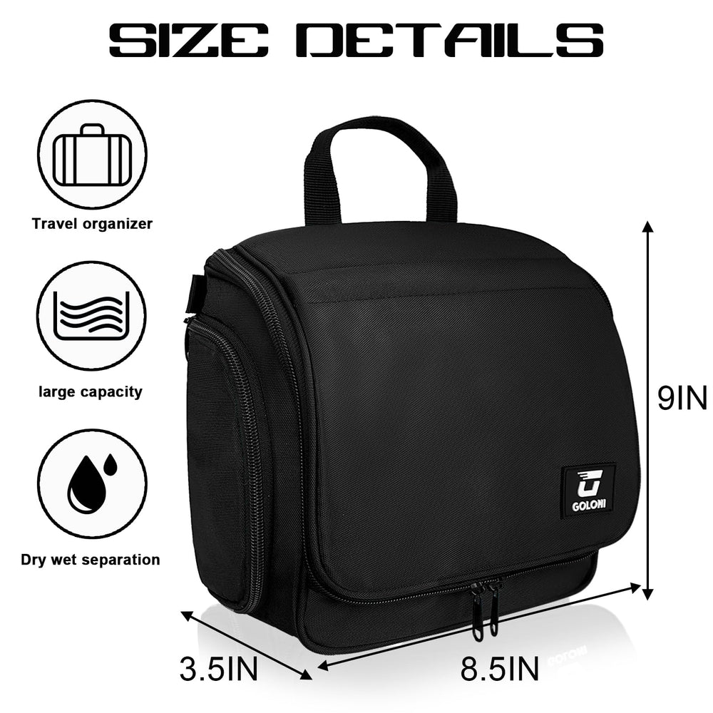 Goloni hanging toiletry bag open with 10 compartments for easy access.