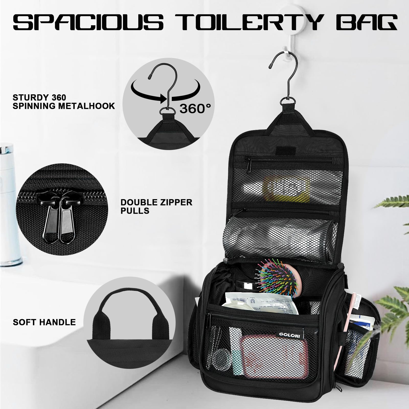 Goloni travel bag in hotel bathroom saving counter space.