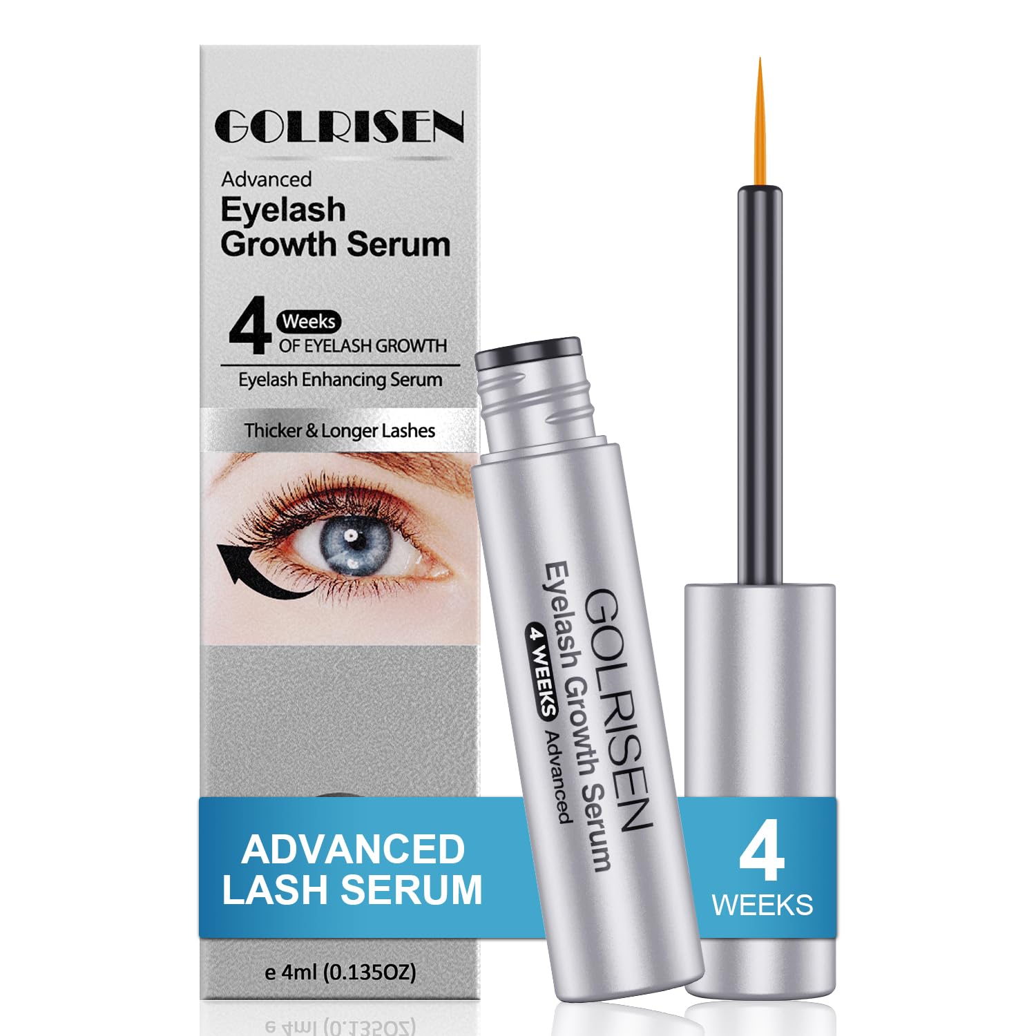 GOLRISEN eyelash growth serum bottle showing compact 4ml size for daily use.