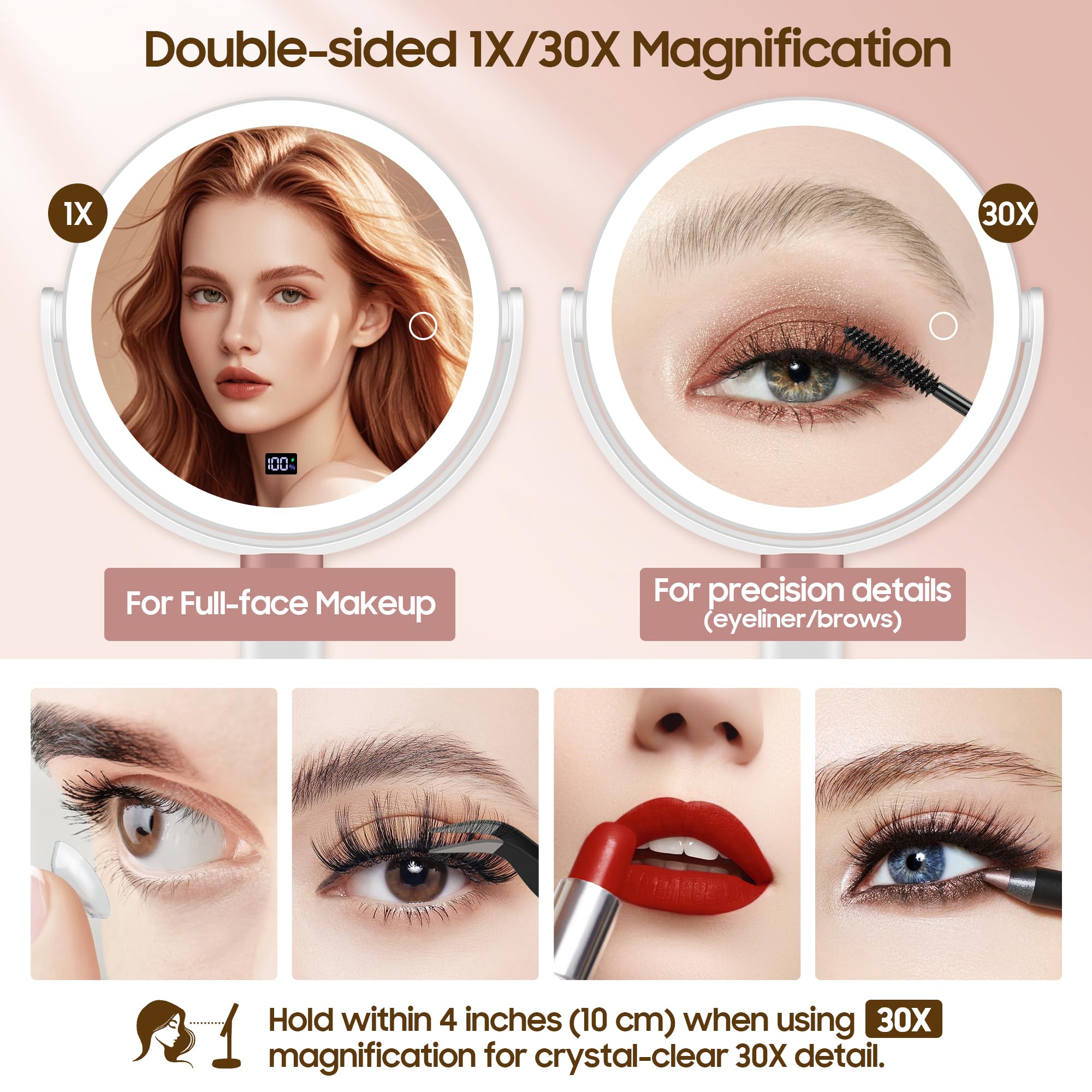 GOMIPURU mirror with 360° rotation for comfortable angles during routine.