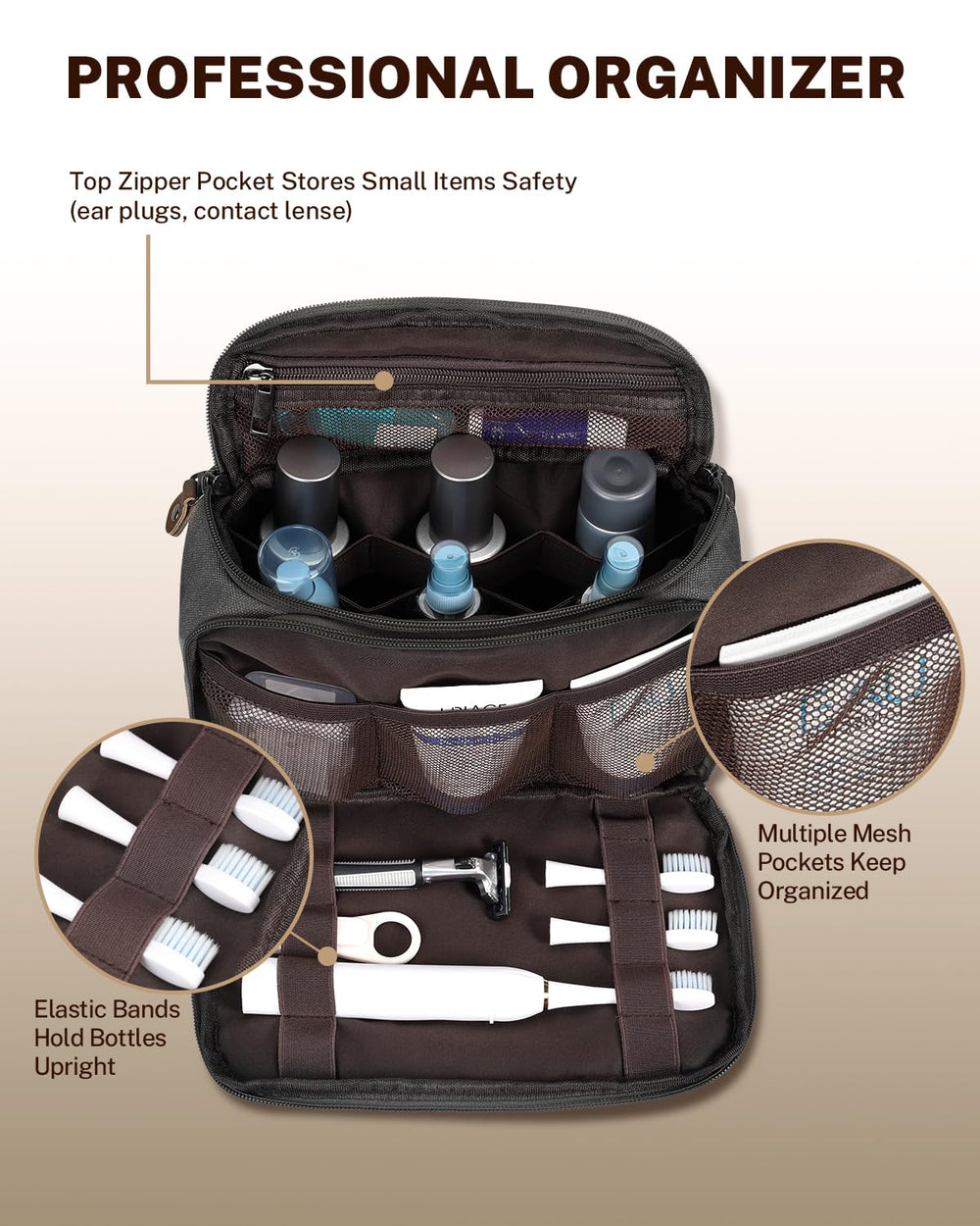 Gonex front-back compartments with elastic pockets organize razors and toothbrushes neatly.