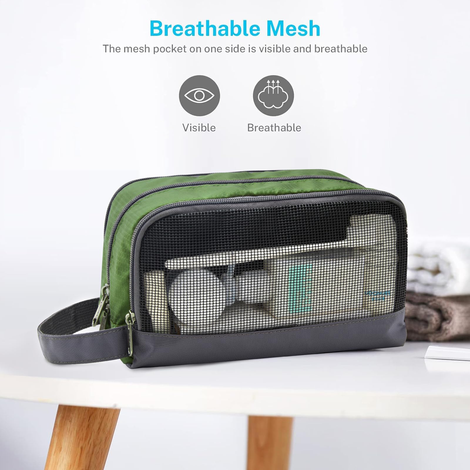Gonex olive green toiletry organizer interior shows breathable mesh for visibility and airflow.