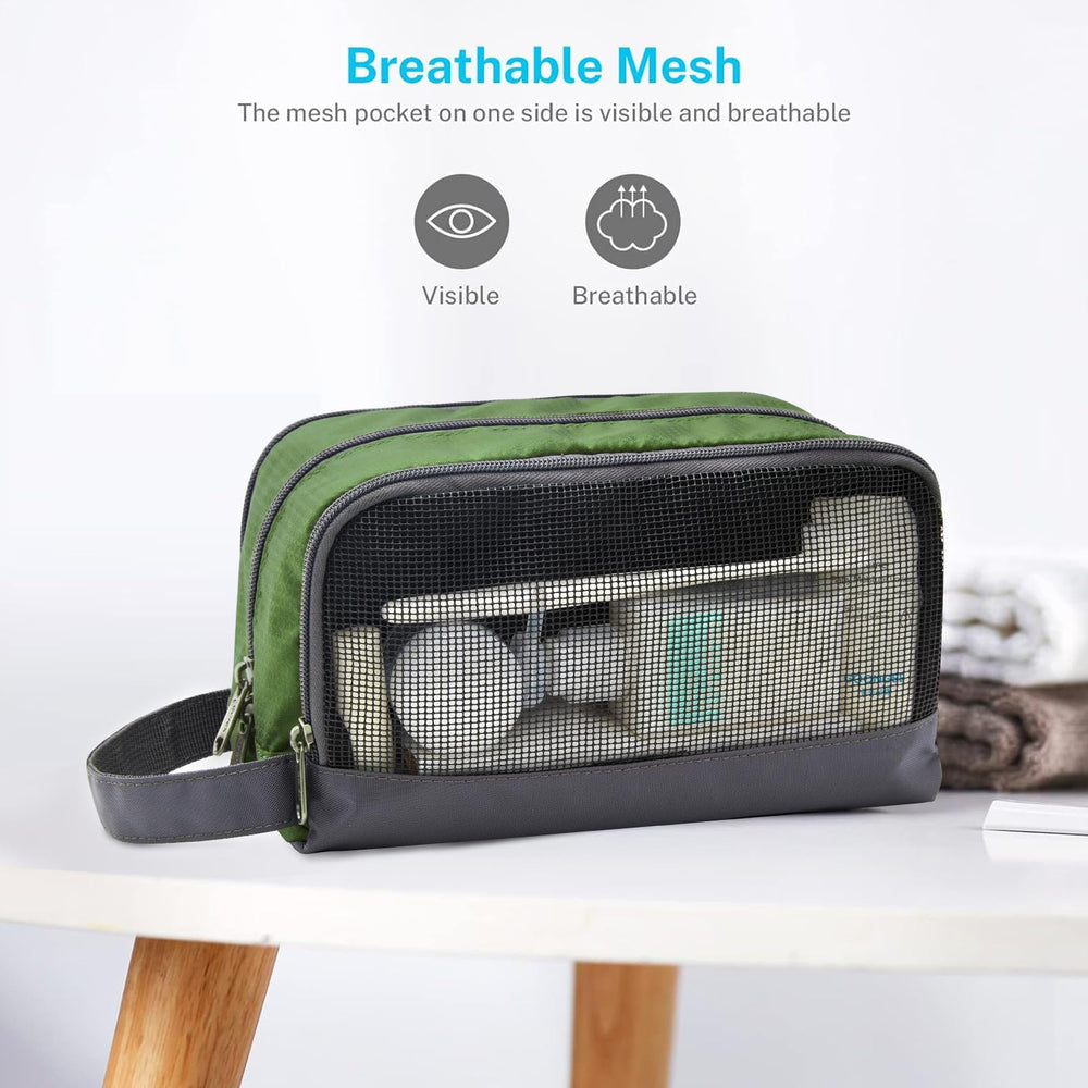 Gonex olive green toiletry organizer interior shows breathable mesh for visibility and airflow.