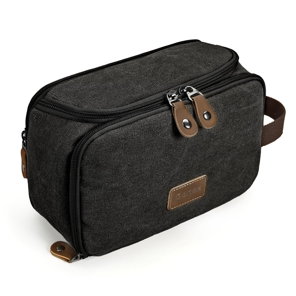 Gonex travel toiletry bag in dark grey shows rugged canvas and secure zipper for travel.