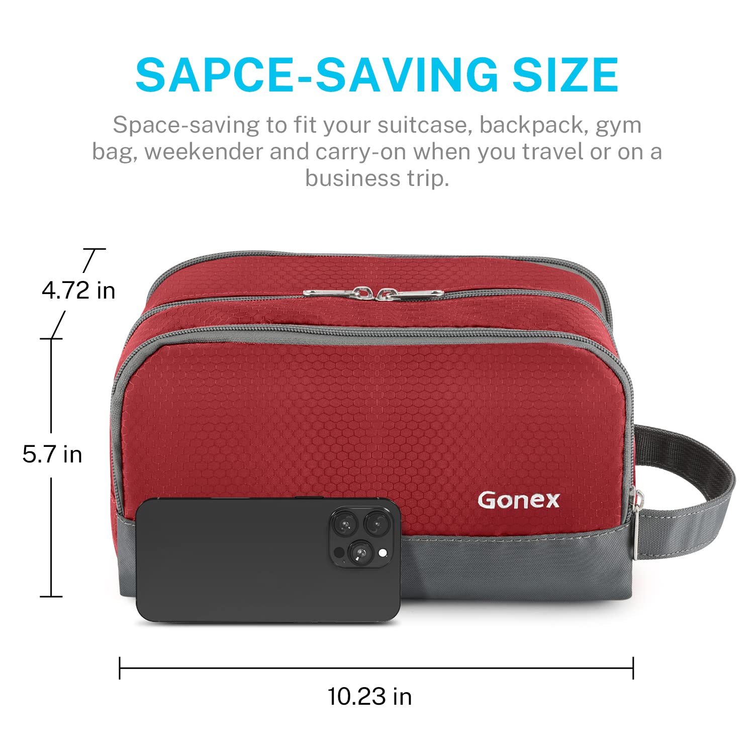 Gonex travel toiletry bag front pocket provides extra storage on the go