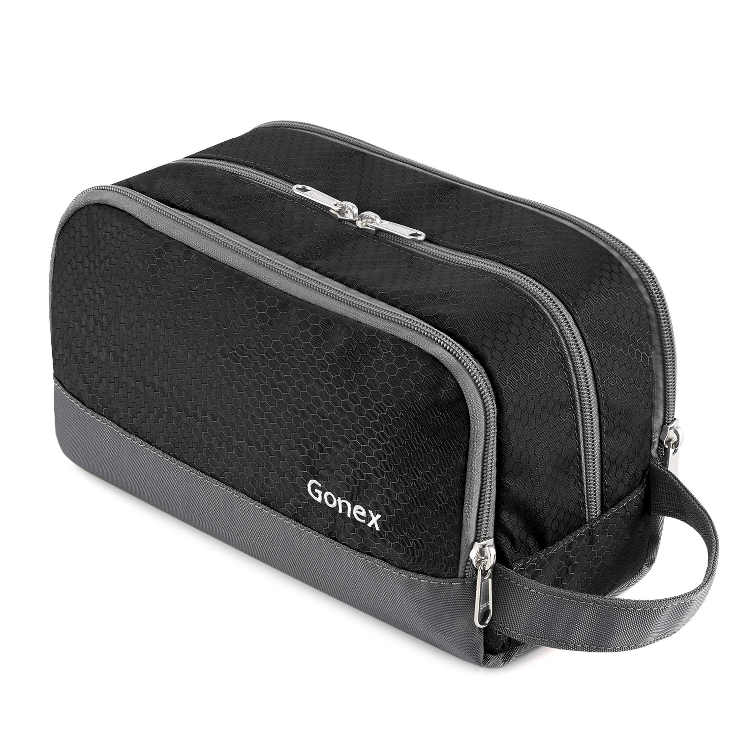 Gonex travel toiletry bag nylon black main compartment keeps bottles organized.