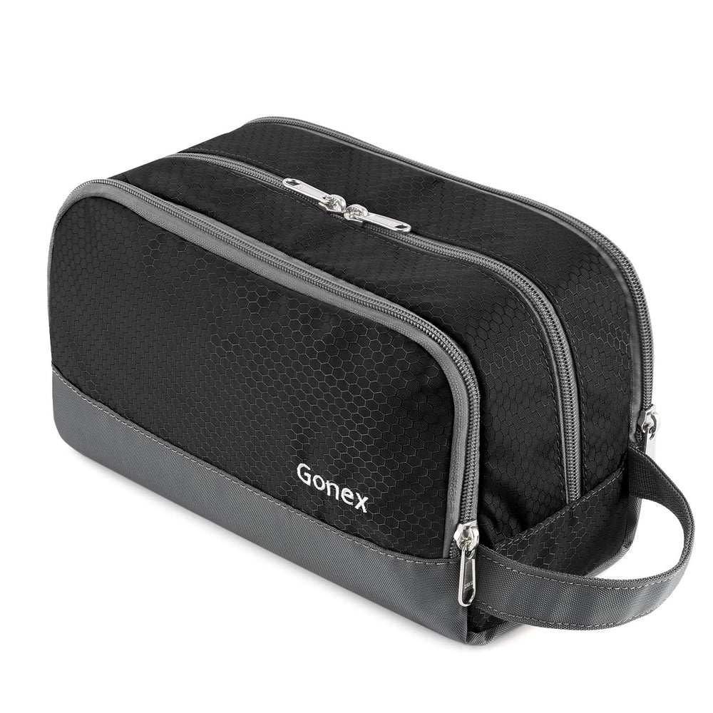 Gonex travel toiletry bag nylon black main compartment keeps bottles organized.