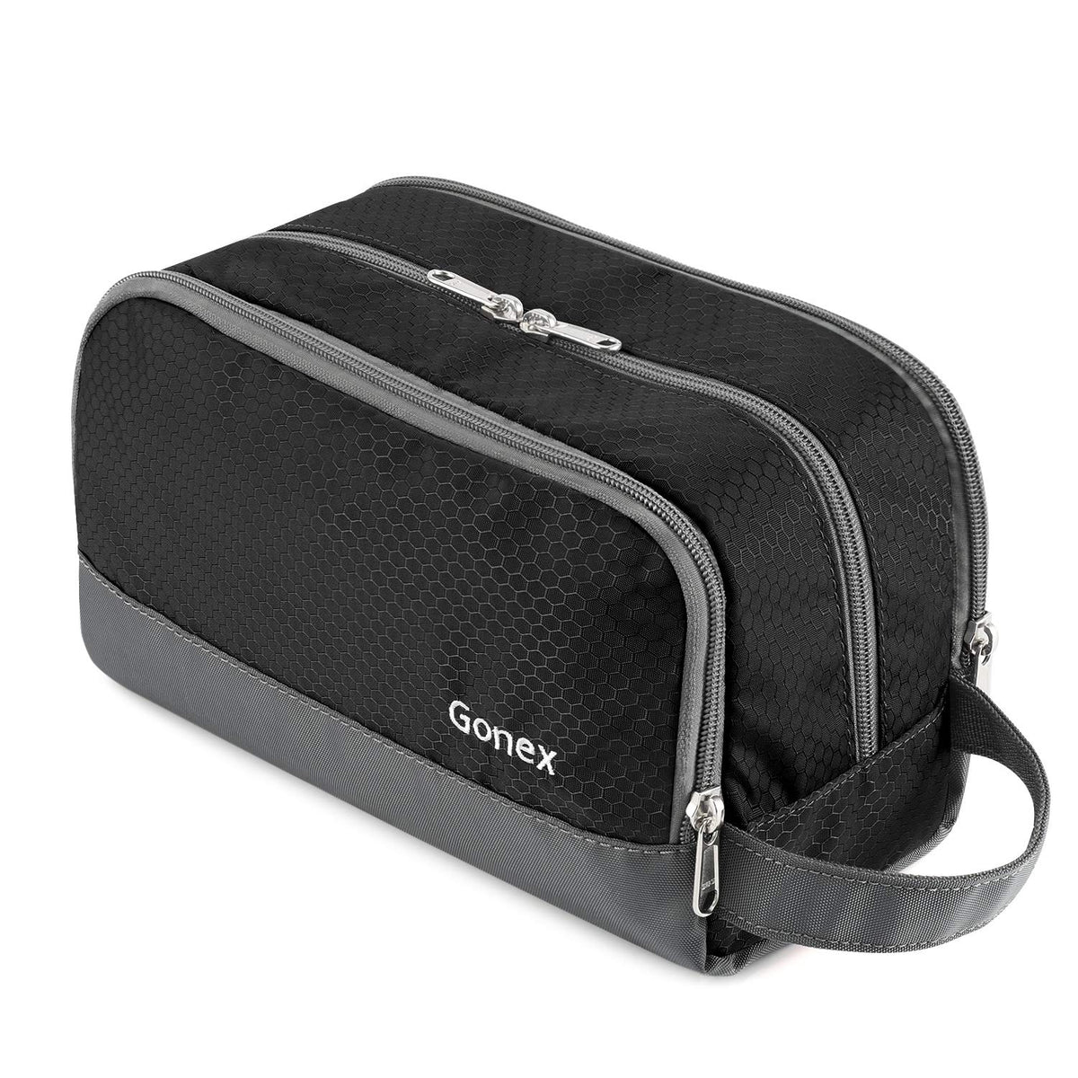 Gonex travel toiletry bag nylon black main compartment keeps bottles organized.