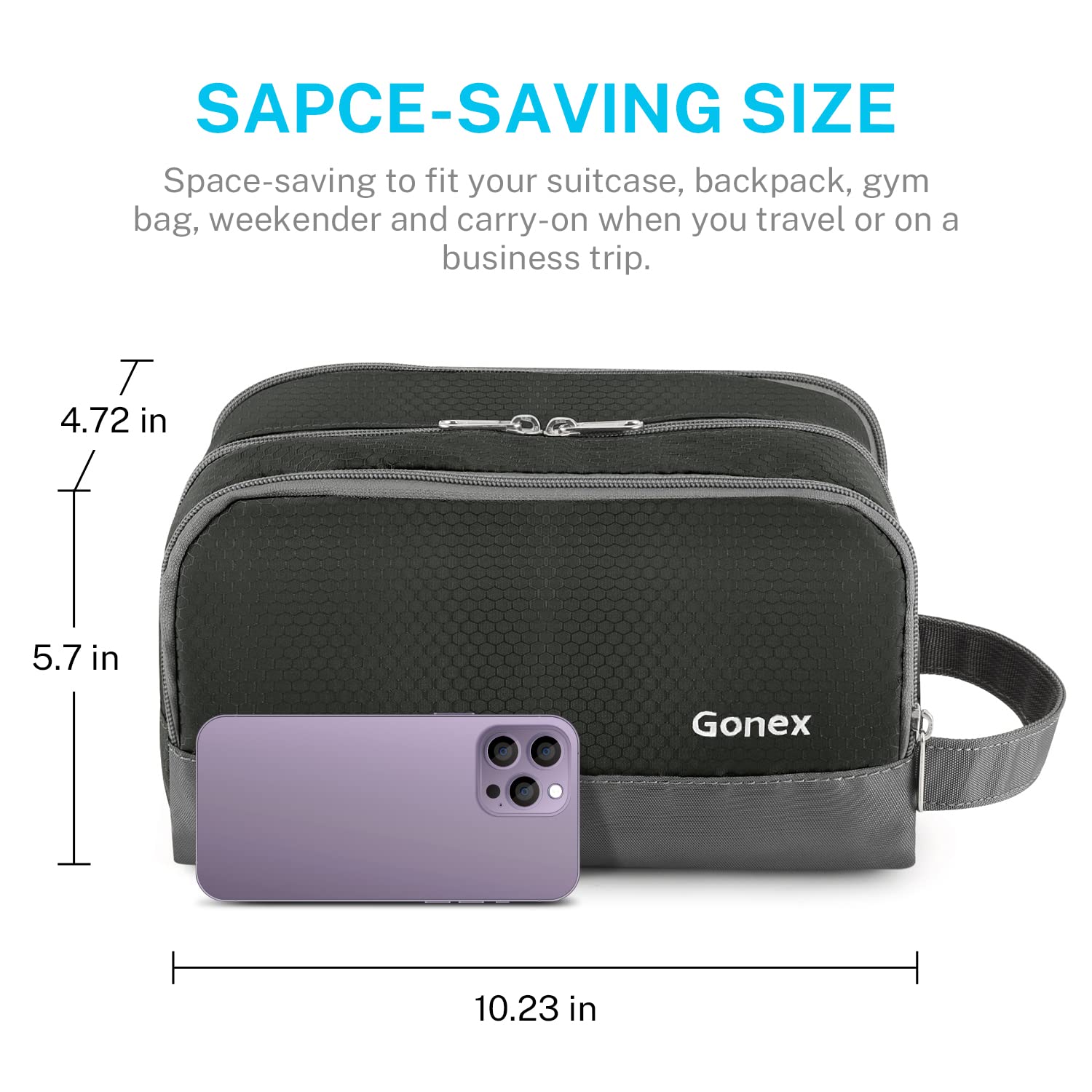 Gonex gray travel bag with compact dimensions 10.23 x 4.72 x 5.7 inches