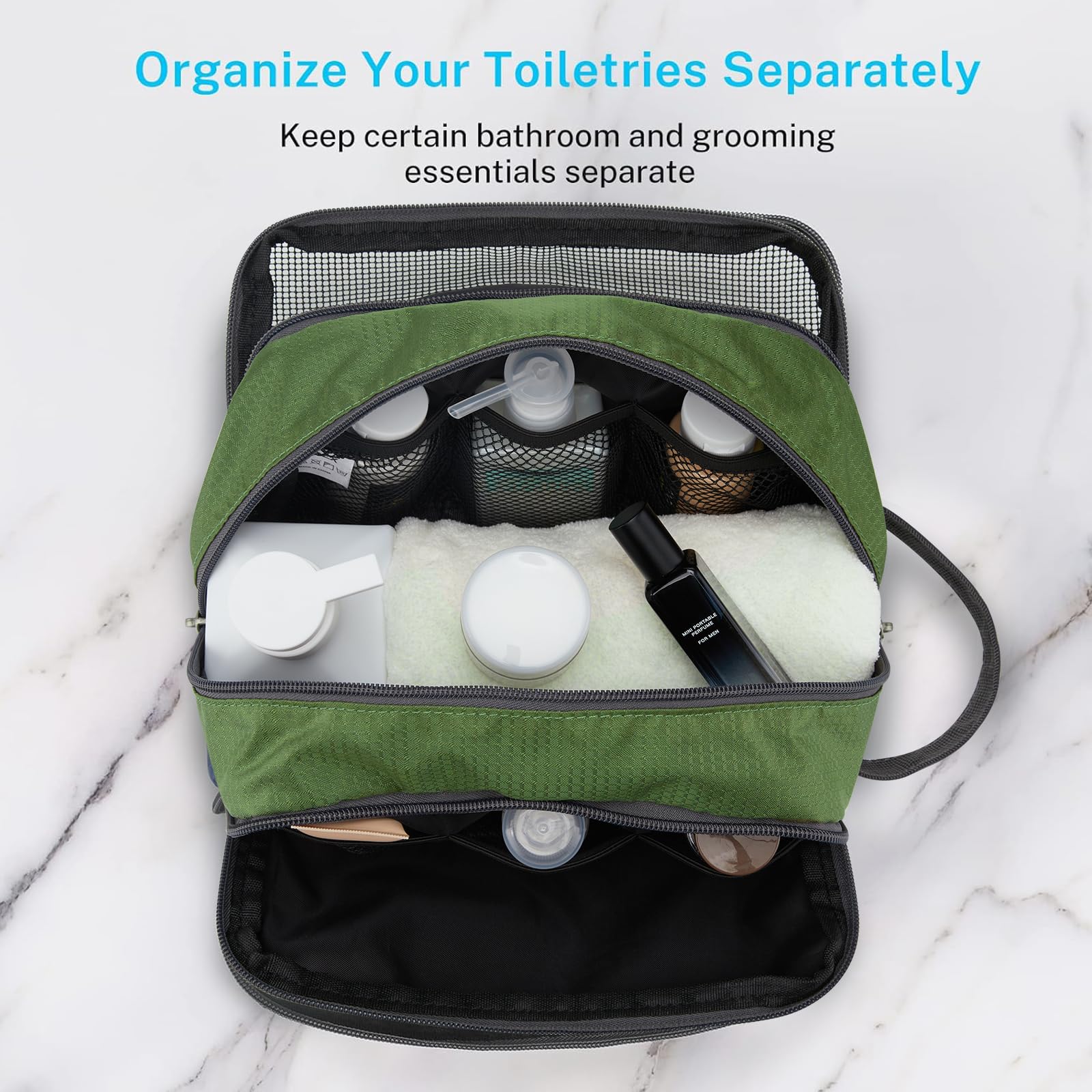Gonex travel toiletry bag olive green zipper closure ensures secure packing during travel.