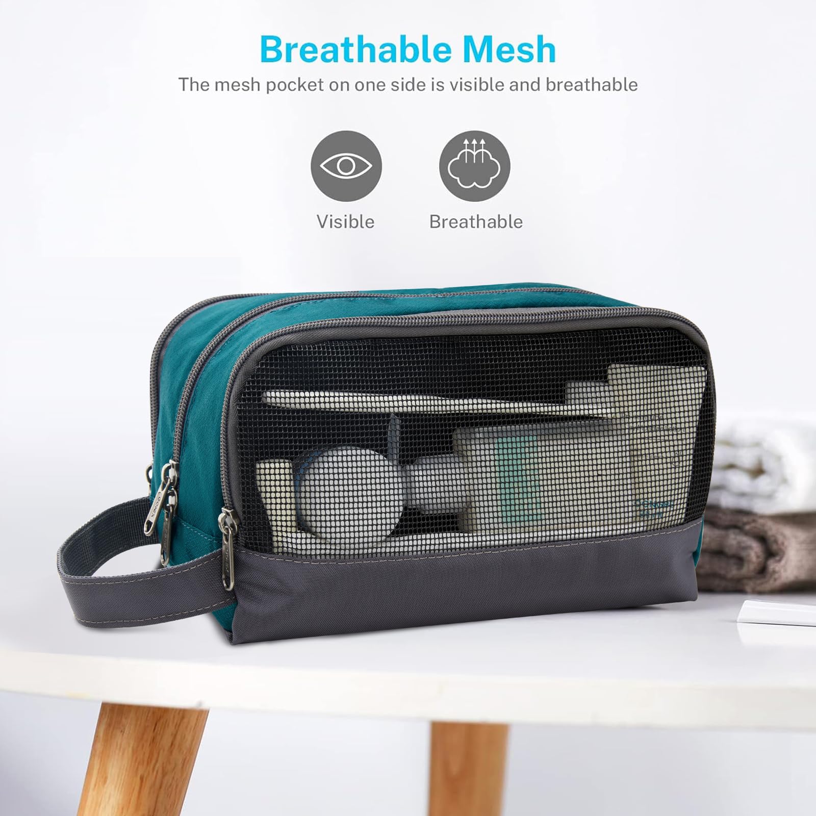 Gonex travel toiletry bag zipper closure peacock green secures belongings during transit