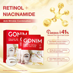 GONIM collagen eye patches with retinol and niacinamide deliver targeted anti-aging benefits around the eyes.