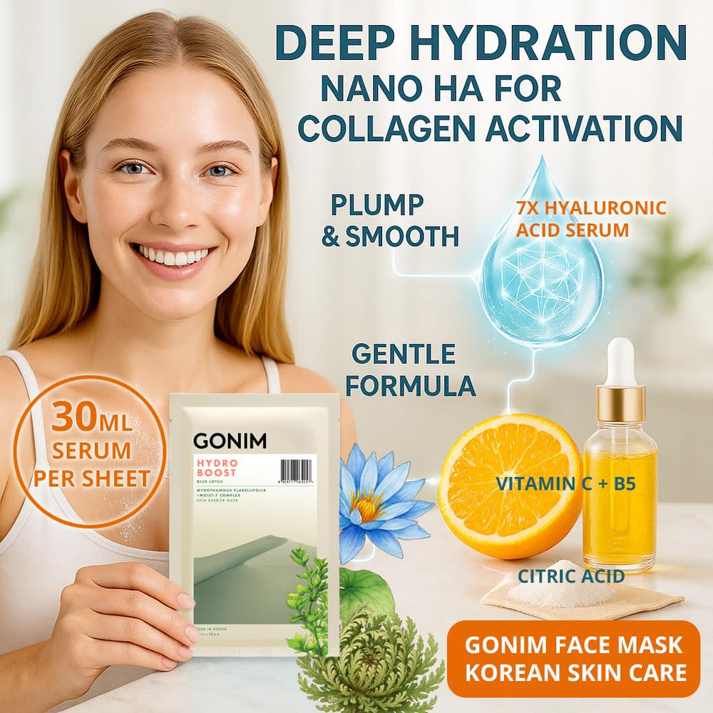 GONIM Hyaluronic Serum closeup emphasizes plumping hydration and soothing texture.