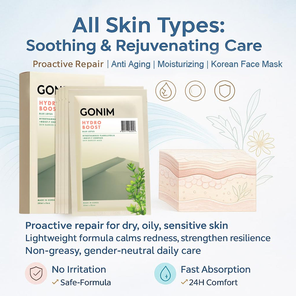 GONIM hydrating sheet mask in a spa-like setting for dry skin care
