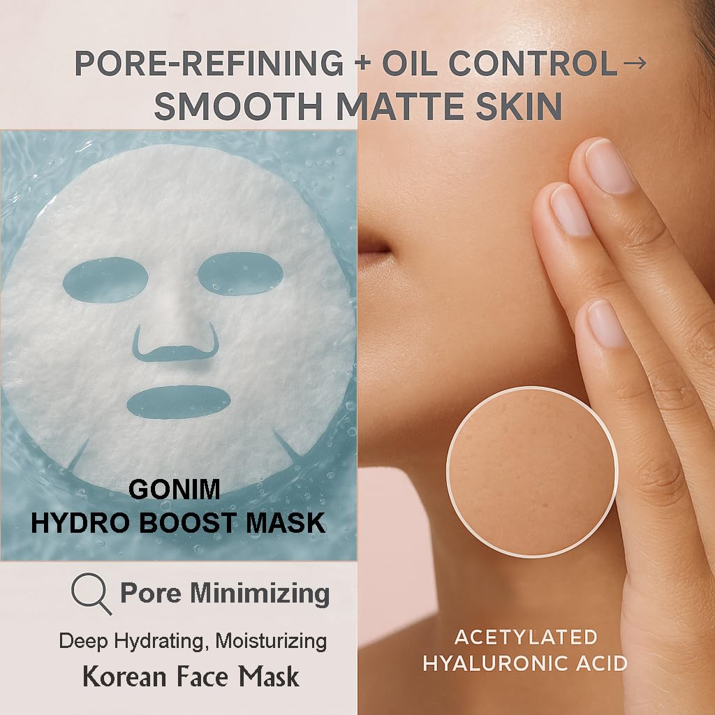 GONIM packaging layout showing 30ml serum per mask and 15-pcs set