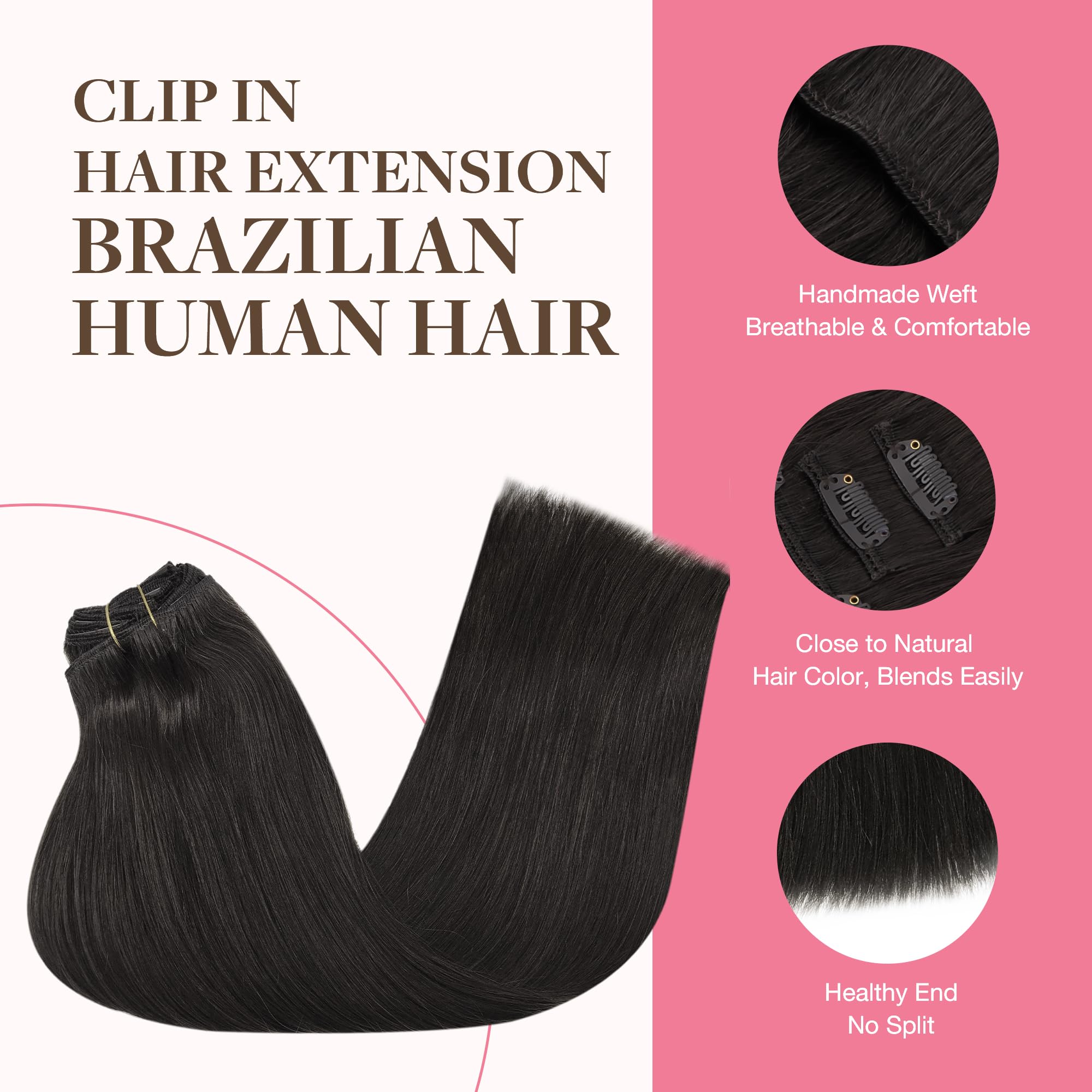 GOO GOO clip-in extensions 1B natural black shade close-up on dark hair