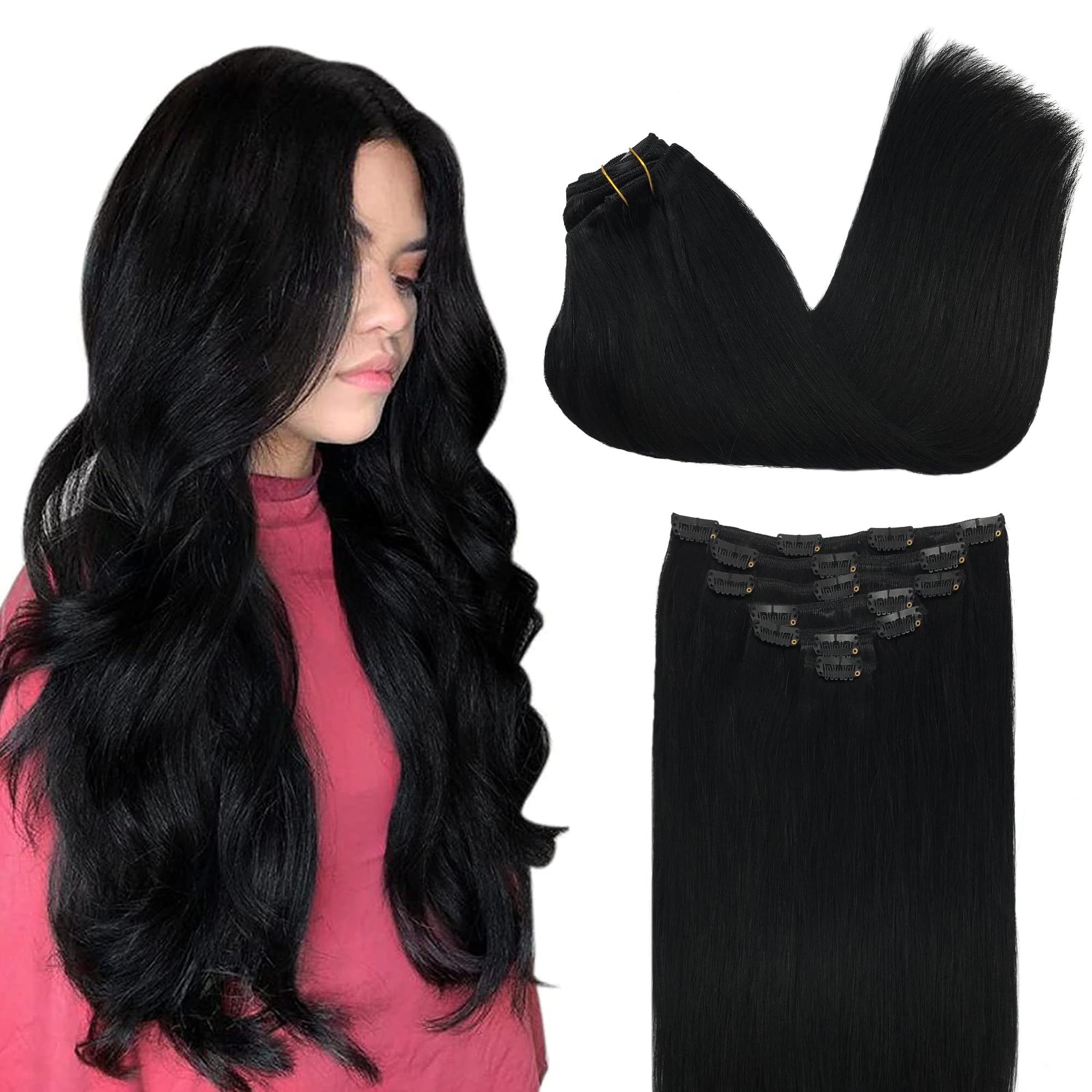 GOO GOO clip-in hair extensions jet-black closeup shows natural color blend for effortless styling