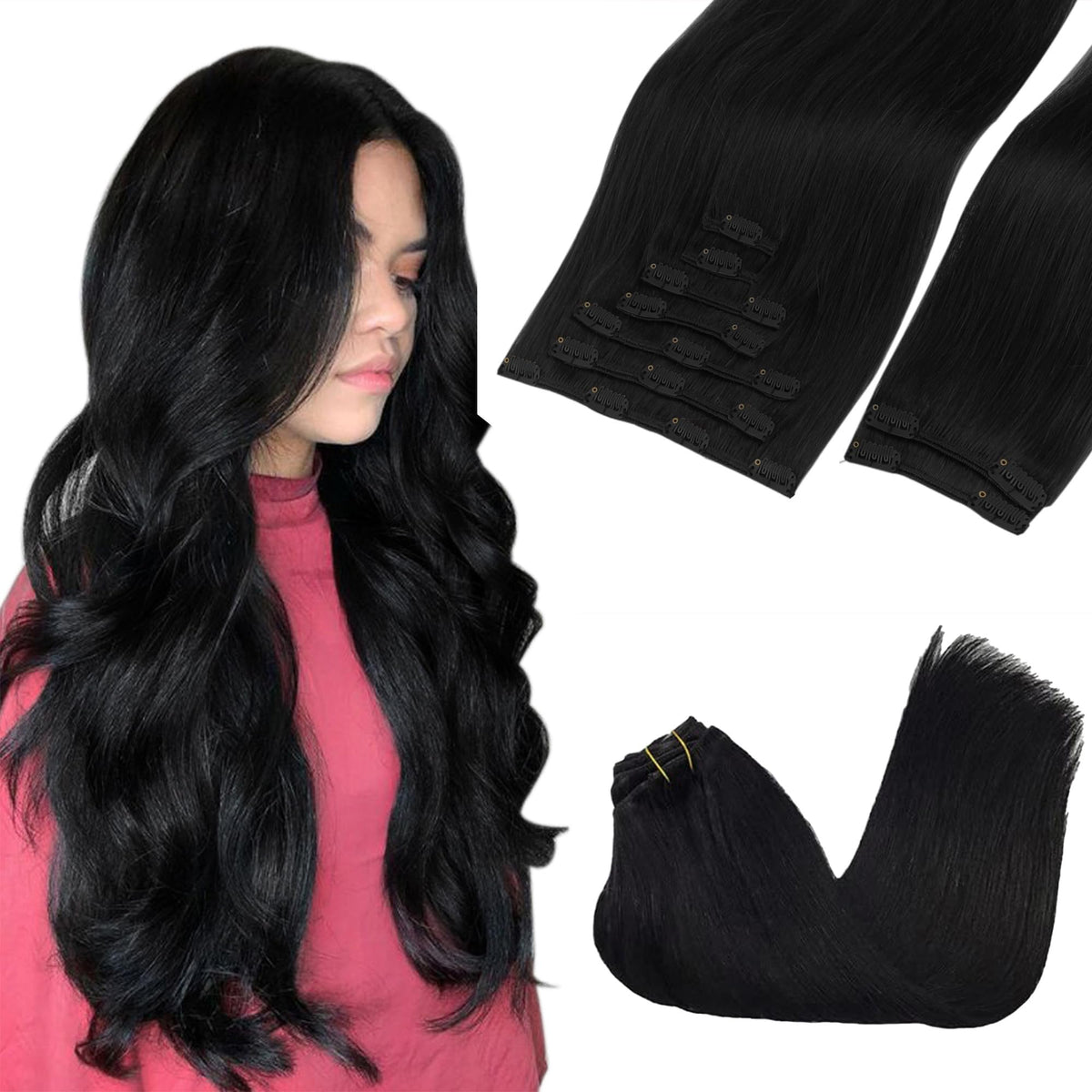 GOO GOO clip-in extensions packaging shows jet black shade for easy glam.