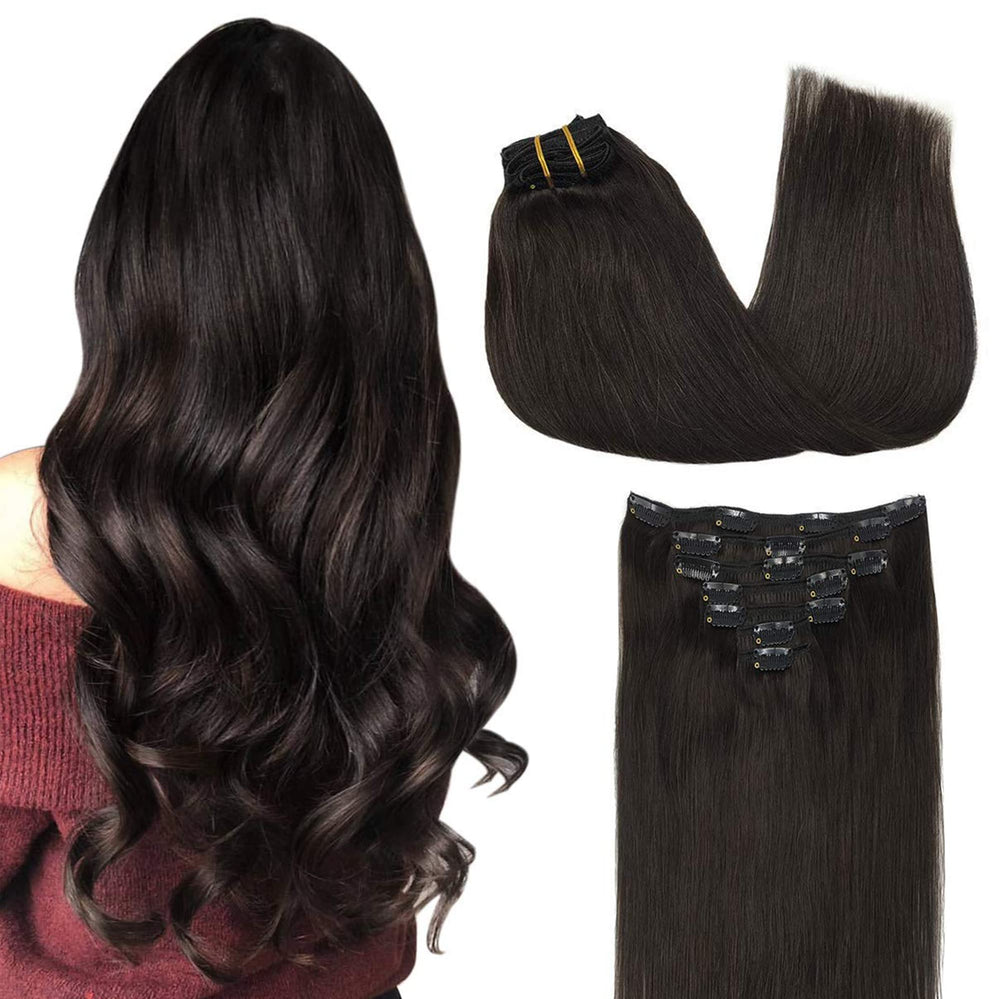 GOO GOO Real Human Hair clip-in extensions close-up showing silky strands for natural blend.