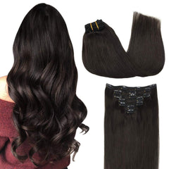GOO GOO Real Human Hair clip-in extensions close-up showing silky strands for natural blend.