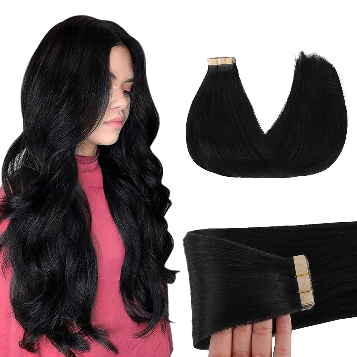 GOO GOO jet black tape-in extensions, 20in, 50g, 20pcs for seamless length and natural blend.