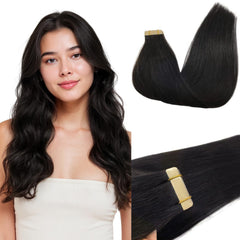 GOO GOO Tape in Hair Extensions 1B natural black with silky straight texture blends naturally