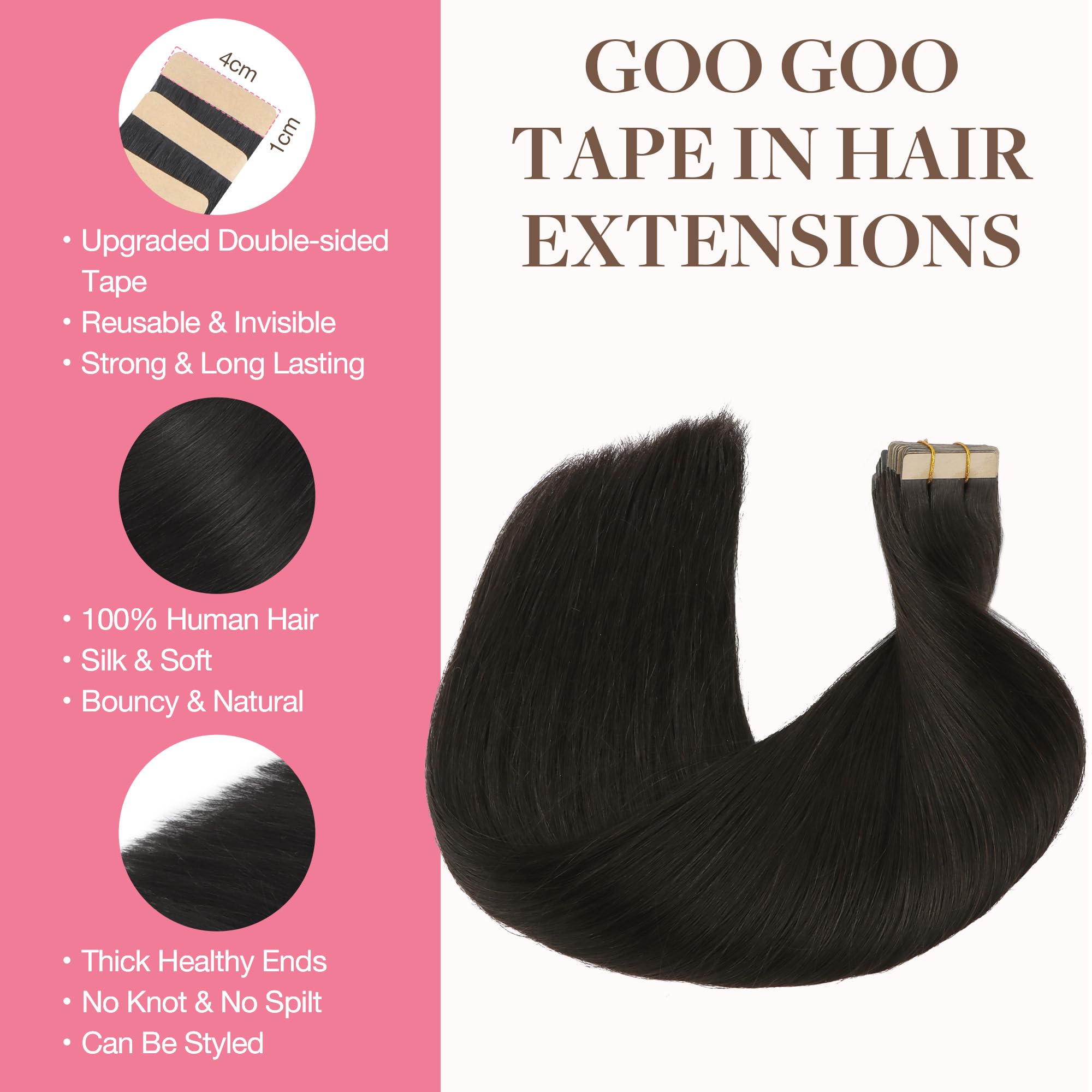 GOO GOO Tape in Hair Extensions shows 20 inch length for added fullness
