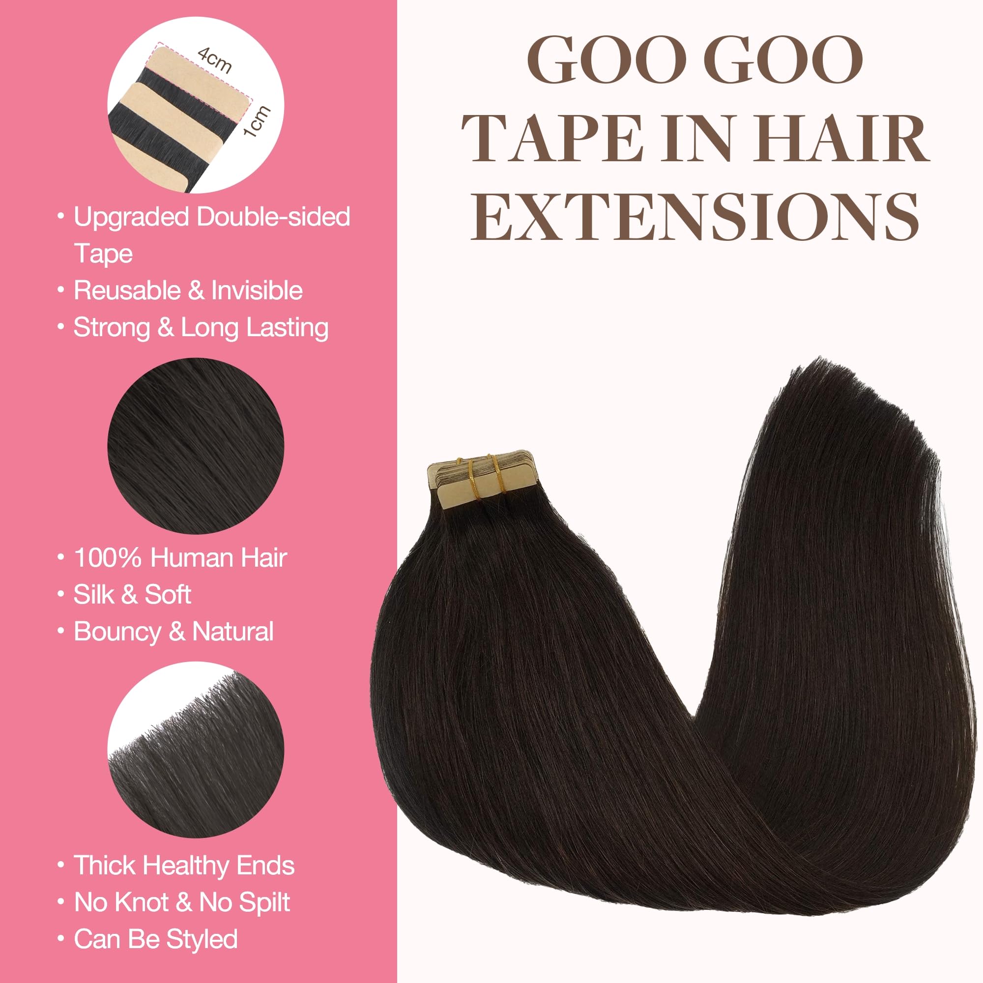 GOO GOO tape-in extensions skin weft seamless for invisible blend.