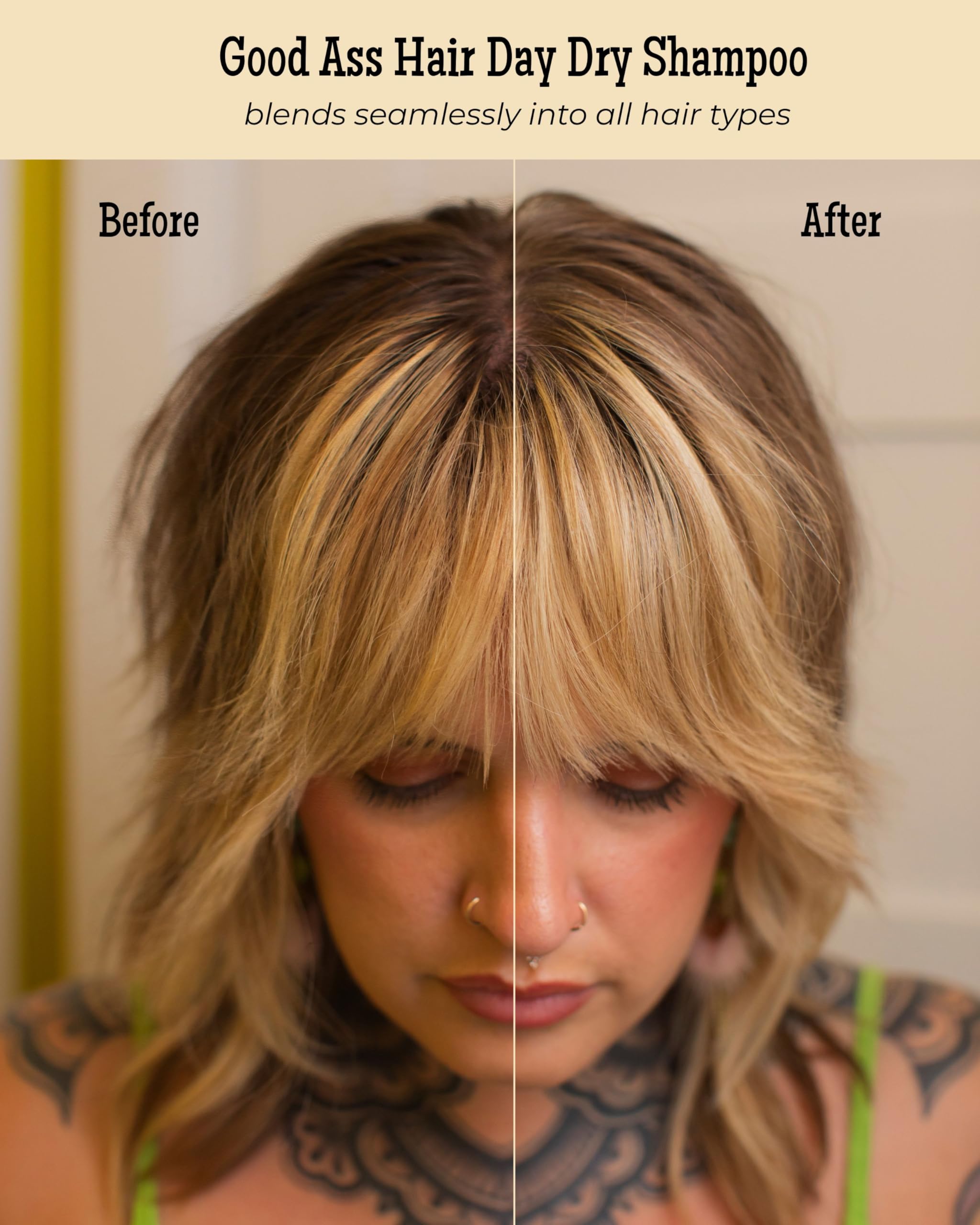 Good Ass Hair Day Dry Shampoo Refill powder application for on-the-go clean and volumized hair