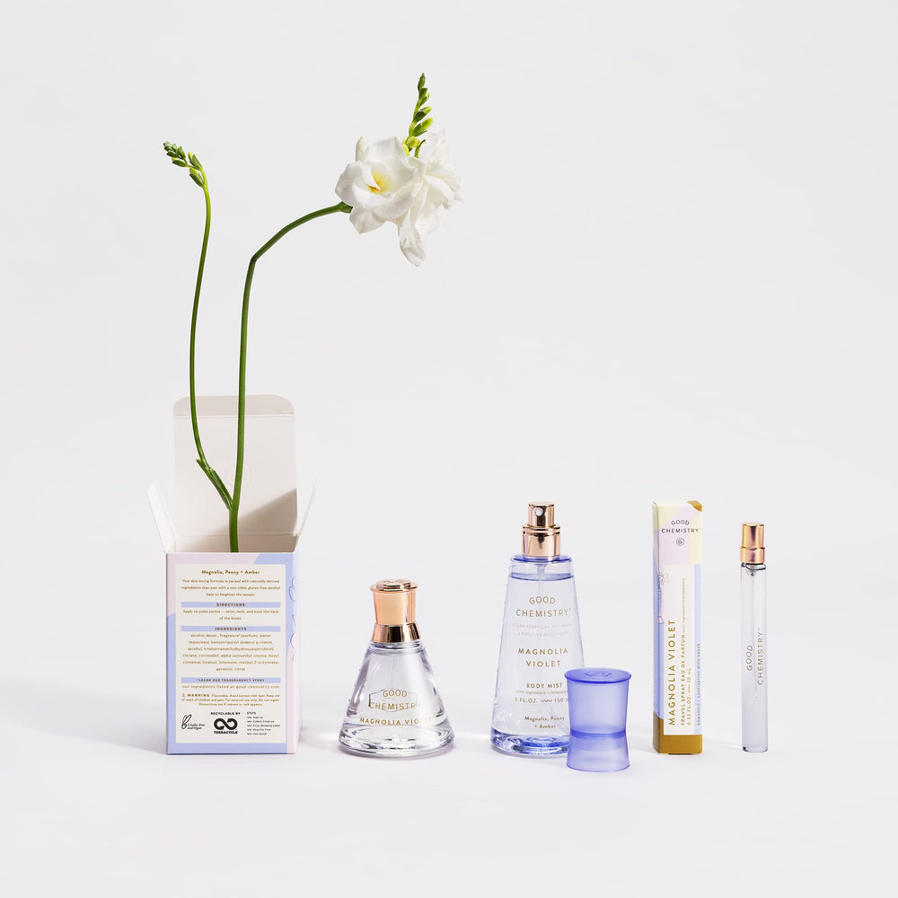 Good Chemistry Magnolia Violet vegan cruelty-free symbol communicates ethical fragrance choice.