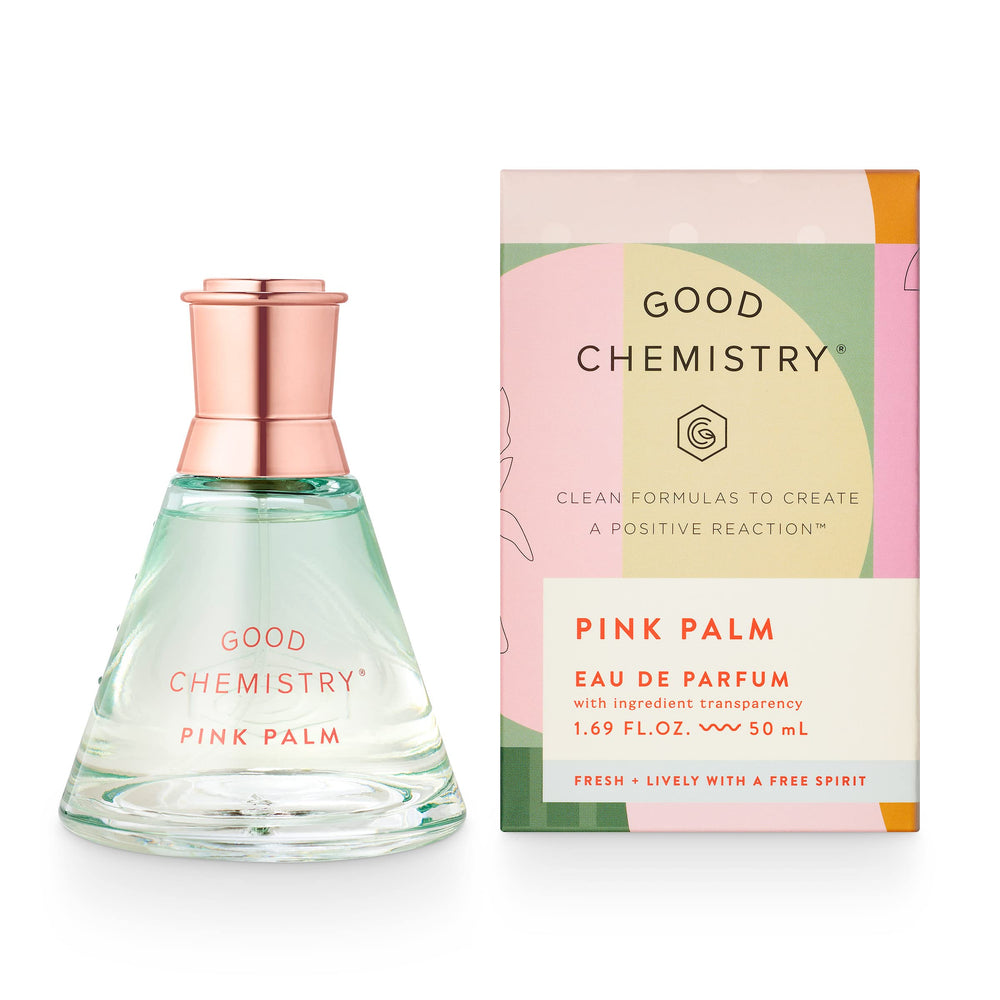 Good Chemistry Pink Palm bottle-pour shows a long-lasting tropical fragrance moment