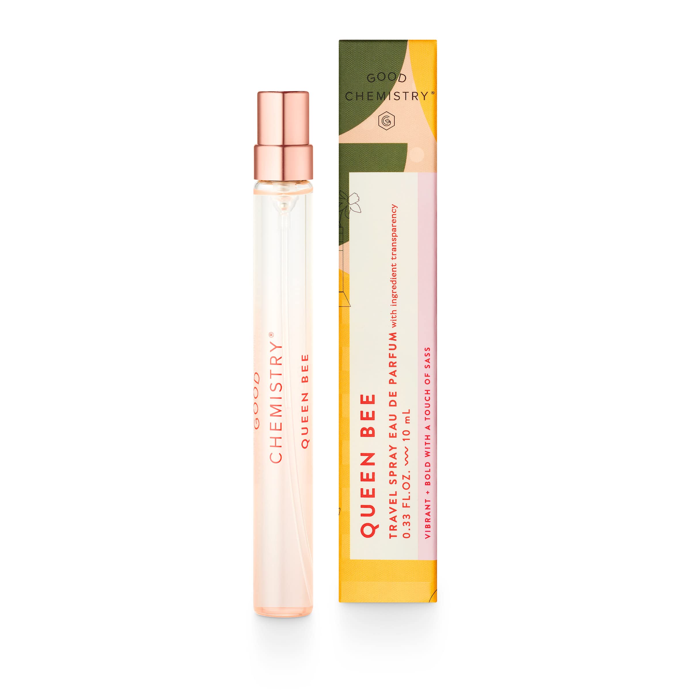 Good Chemistry Queen Bee Travel Spray bottle front view, compact scent companion for daily wear