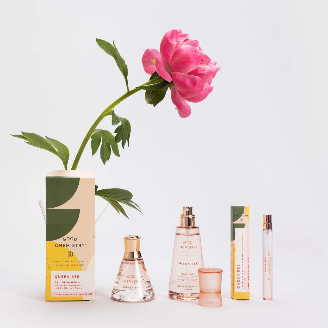 Queen Bee Travel Spray fitting in a travel bag by Good Chemistry for quick scent refresh