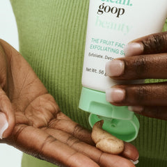 good.clean.goop beauty Fruit Facial Scrub pour-action highlighting grape seed exfoliant in motion.