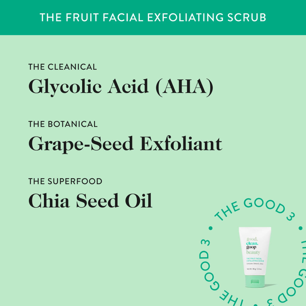 good.clean.goop Fruit Facial Scrub chia oil droplets suggesting barrier-supporting nourishment.
