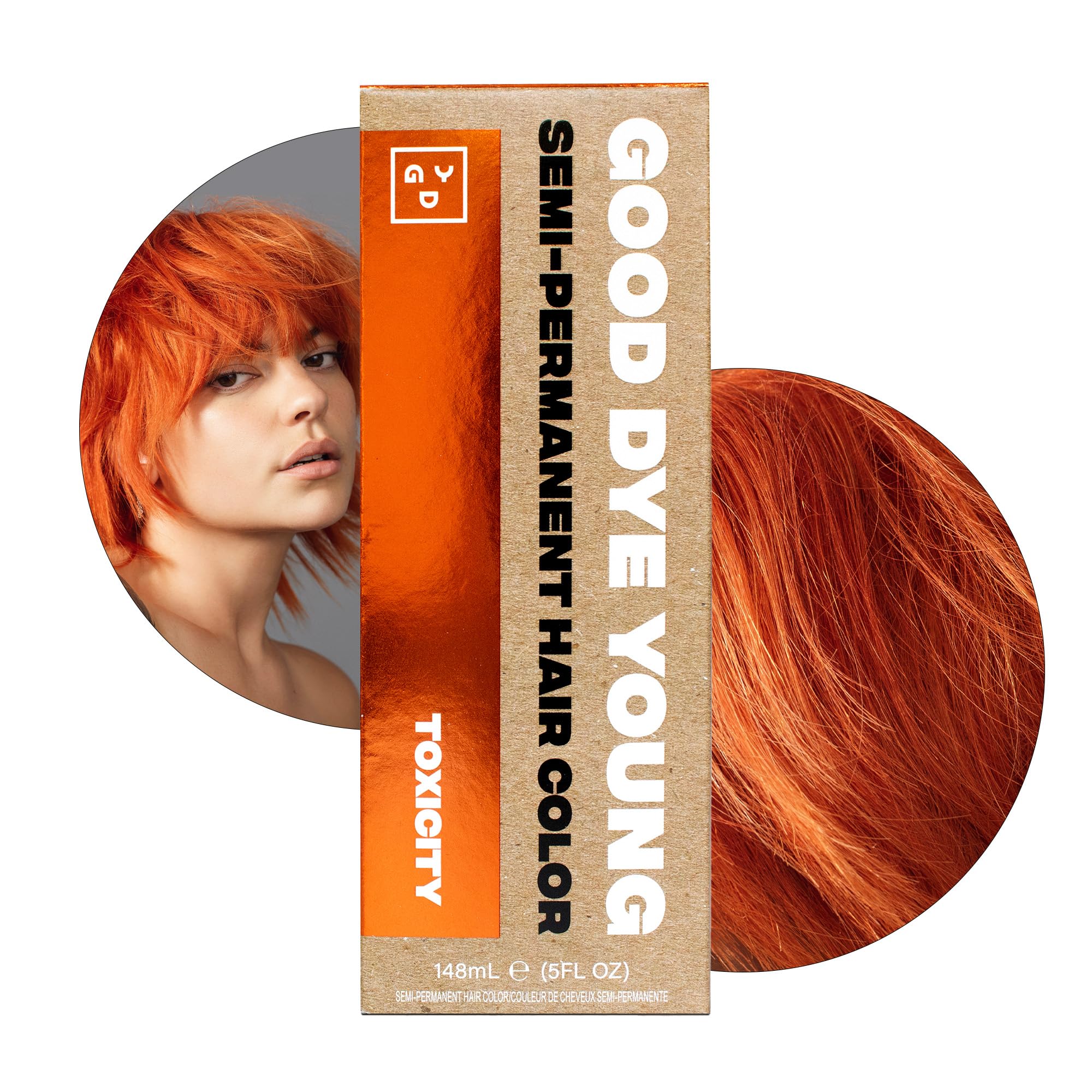 Good Dye Young Copper Orange hair dye packaging shows vibrant color preview for inspiration.