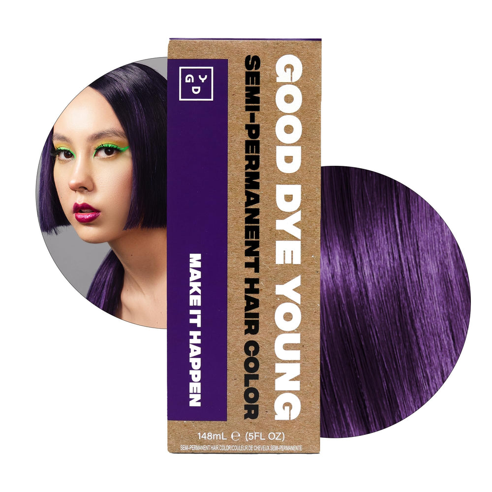 Good Dye Young eggplant purple dye in a cream base bottle offers vibrant, fade-friendly color.