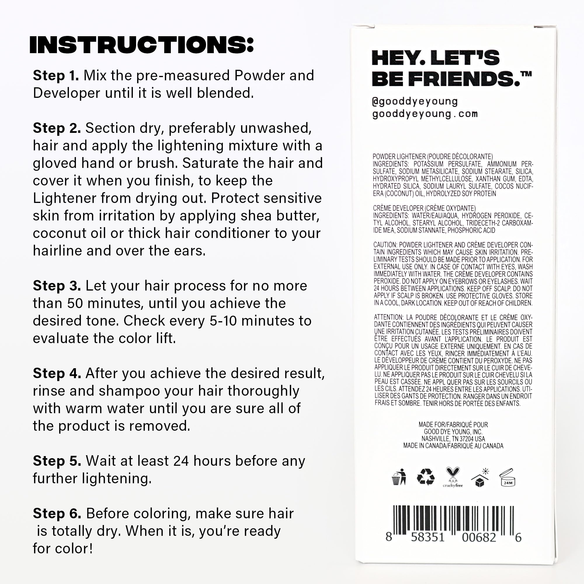 Good Dye Young lightening timeline indicates processing up to 50 minutes.