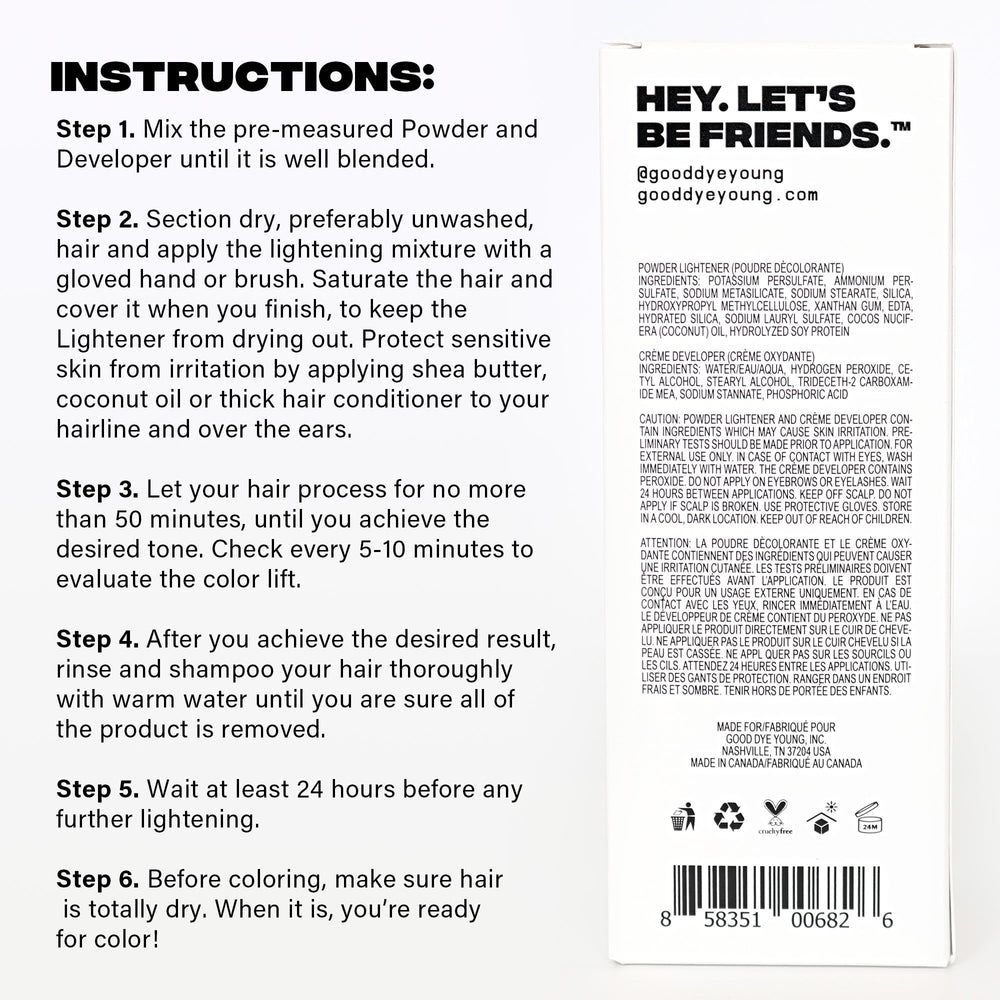 Good Dye Young lightening timeline indicates processing up to 50 minutes.