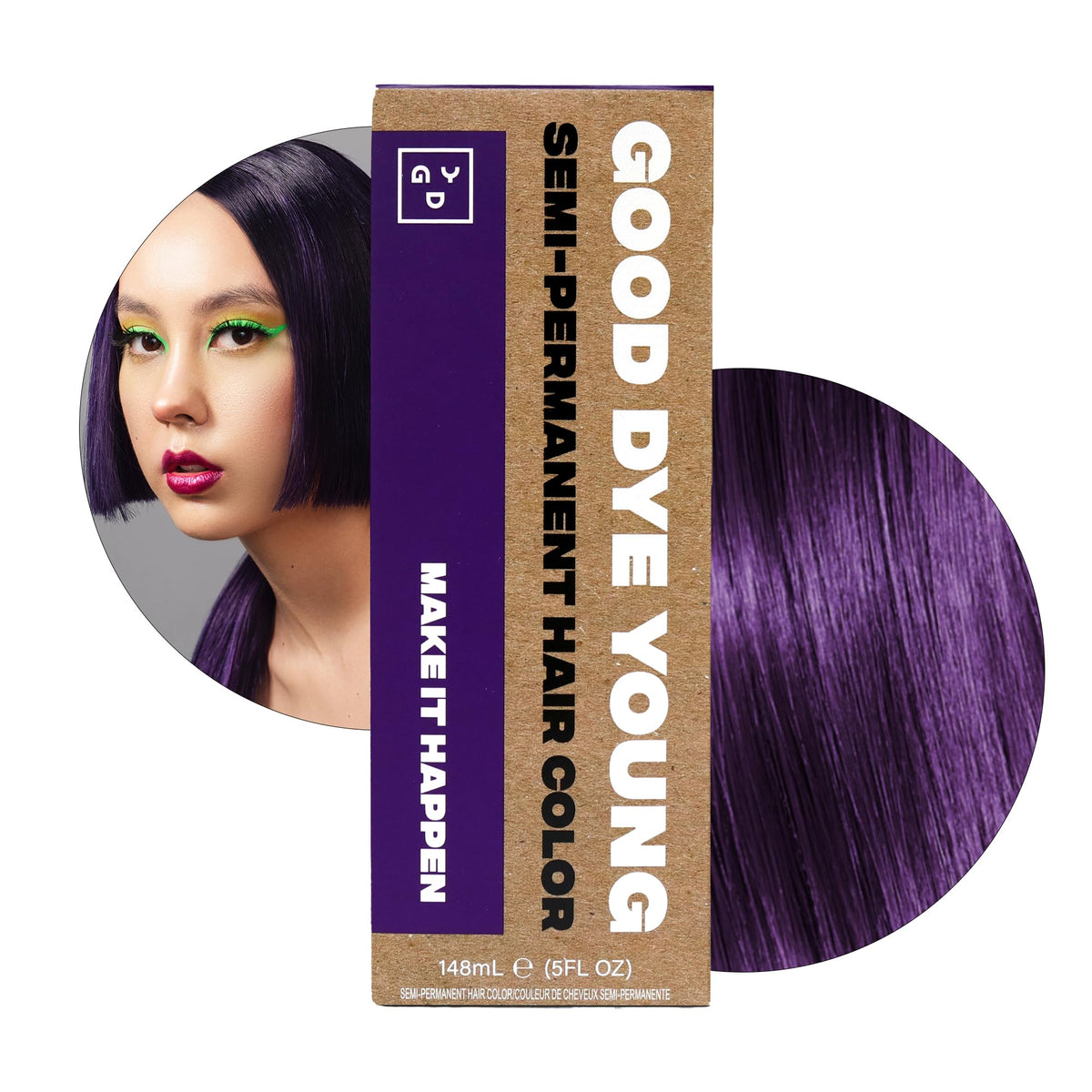 Good Dye Young eggplant purple dye bottle close-up showing vibrant color deposit.