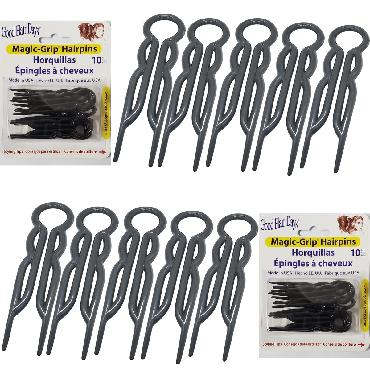 Good Hair Days hair pins 2.5-inch set close-up showing strong grip and sleek black finish.
