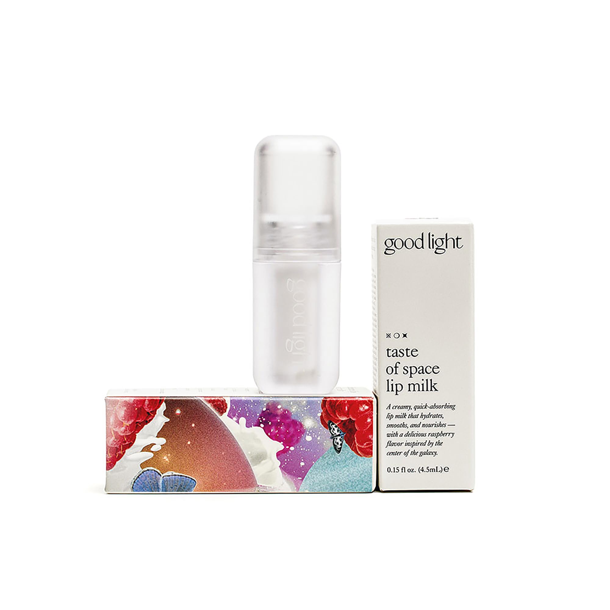 Good Light Taste of Space Lip Milk tube closeup shows long-lasting hydration
