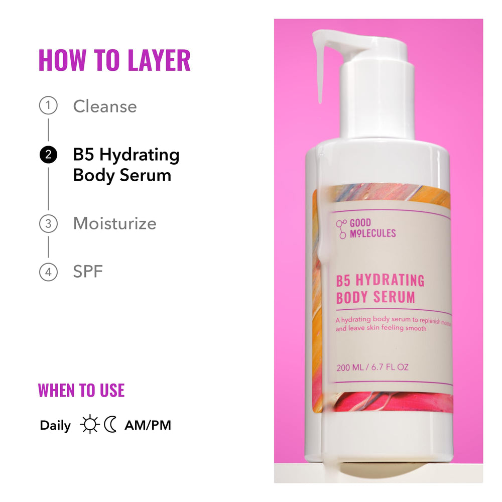 Good Molecules B5 Hydrating Body Serum leaves skin soft and plump.