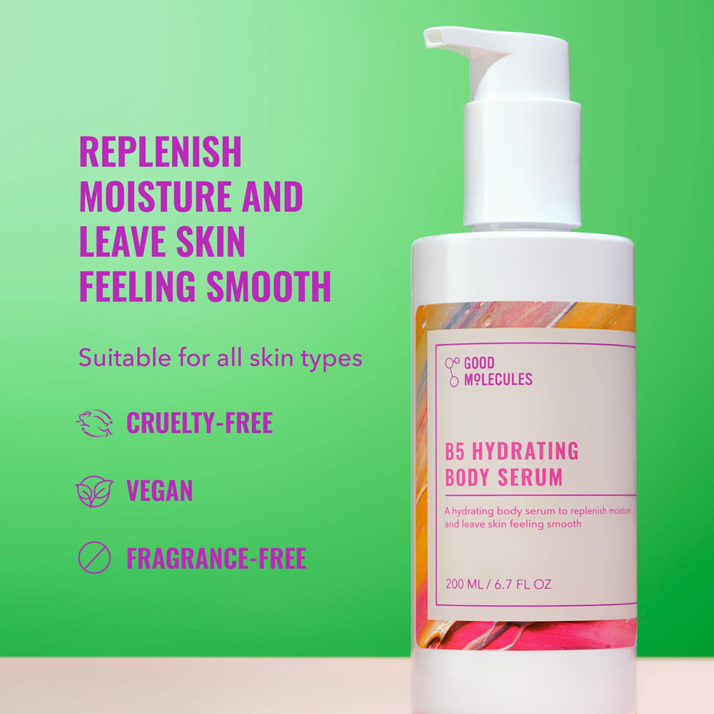 Good Molecules B5 Hydrating Body Serum texture close-up shows silky gel for easy absorption.