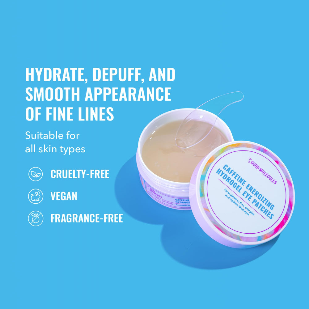 Good Molecules eye patches close-up showcasing translucent gel texture for hydration.
