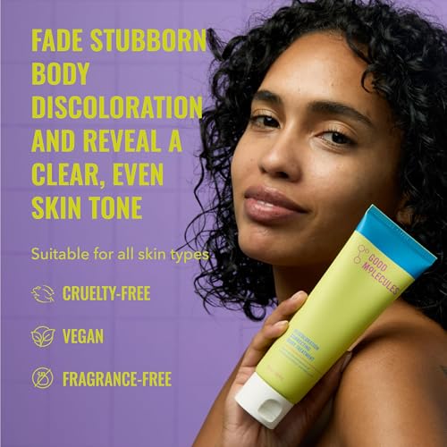 Good Molecules Discoloration Correcting Body Treatment cream on hand for even tone.