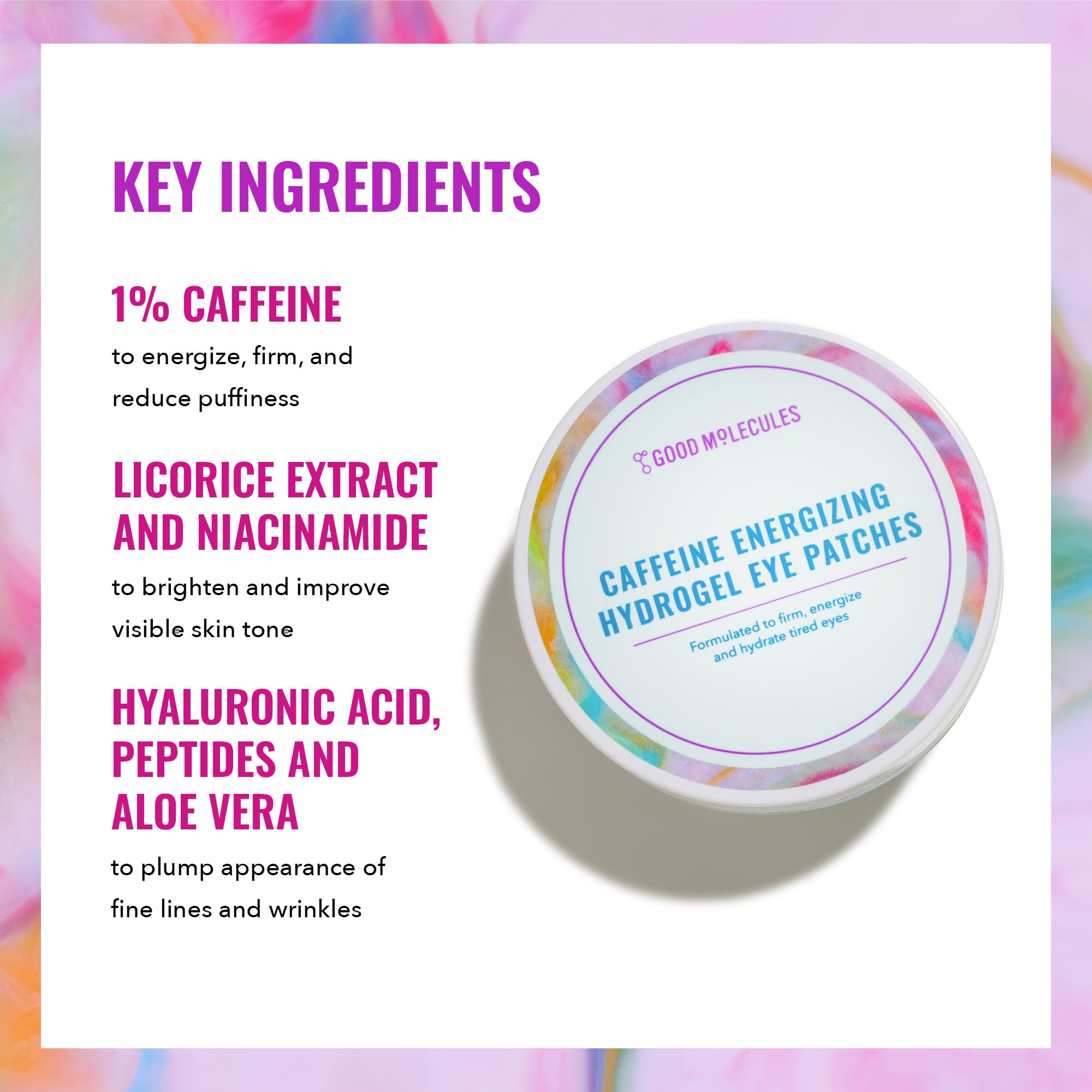 Good Molecules eye patches applied under-eye for depuffing and hydration.